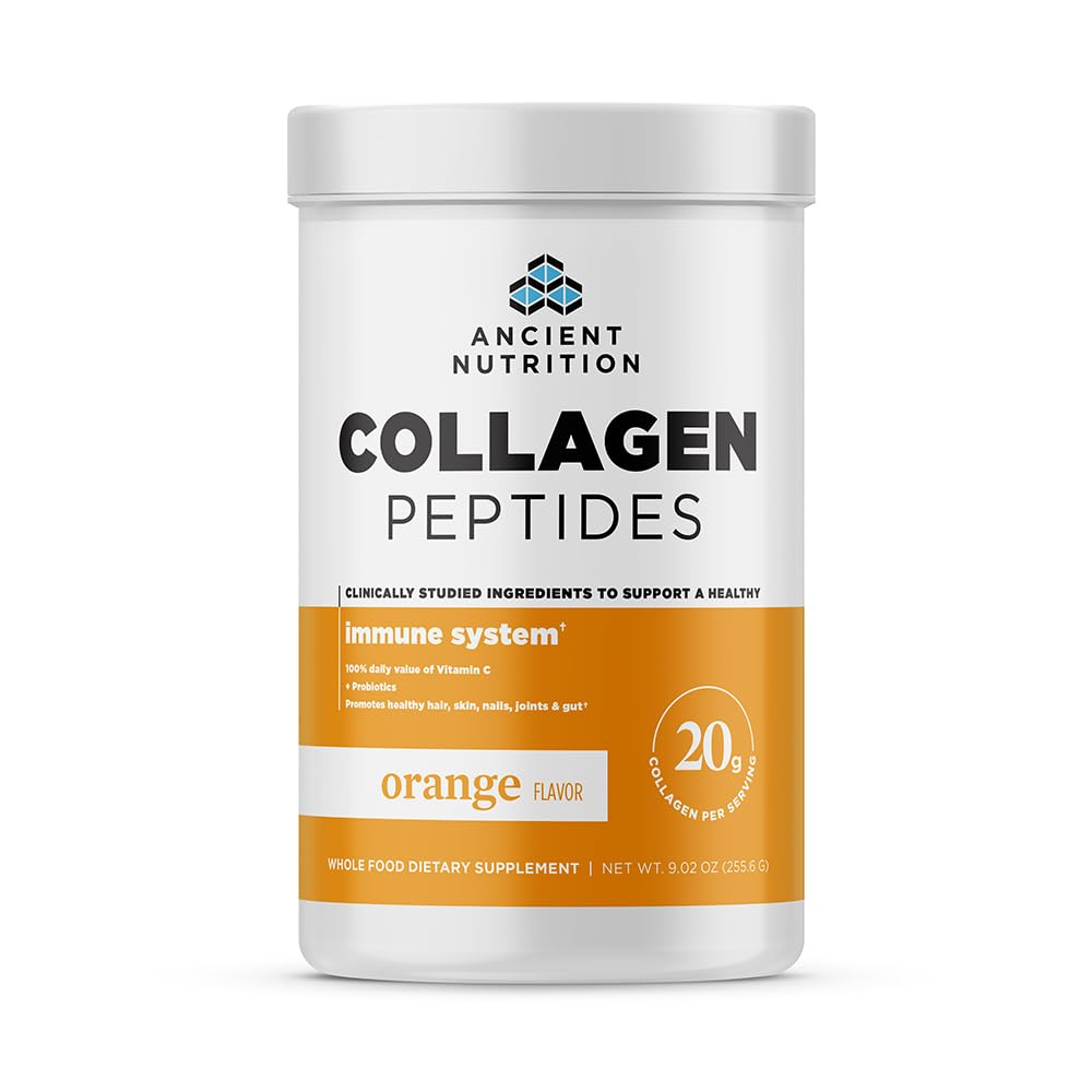 Ancient Nutrition Collagen Peptides, Vitamin C and Probiotics, Hydrolyzed Collagen Peptides Powder for Healthy Immune System Support, Orange, Keto Friendly, 12 Servings, 20g Collagen per Serving