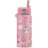 ROVOZAR Pink Christmas Water Bottle - Pink Santa Claus 16oz Stainless Steel Water Bottle with Straw - Winter Holiday Insulated Cup for Girls - Xmas Snowman Kids Tumbler for School, Sports, Travel
