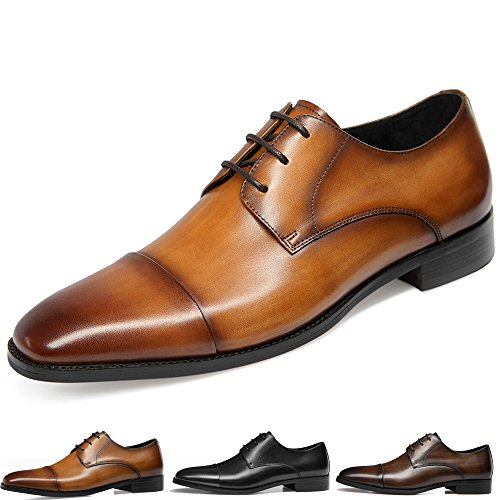 GIFENNSE Men's Leather Cap-Toe Oxford Shoes Mens Dress Shoes（9US/Brown