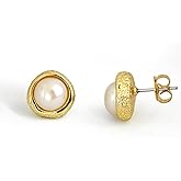 Altitude Boutique AAA Freshwater Pearl Bezel Stud Earrings | 8mm Genuine Cultured Pearls with 14K Gold-Plated or Rhodium-Plated | Hypoallergenic Stainless Steel Ear Posts | Minimalist Everyday Jewelry for Women