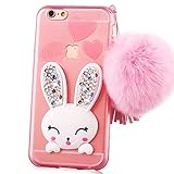 Iphon 5 case, Sunroyal Slim Soft Transparent TPU Crystal Clear 3D Cute Cartoon Rabbit(Bunny) [Bling Diamond Silicon Ear] Case with Hairball Pompon Wrist Strap Wristlet For Iphone 5S SE - Pink