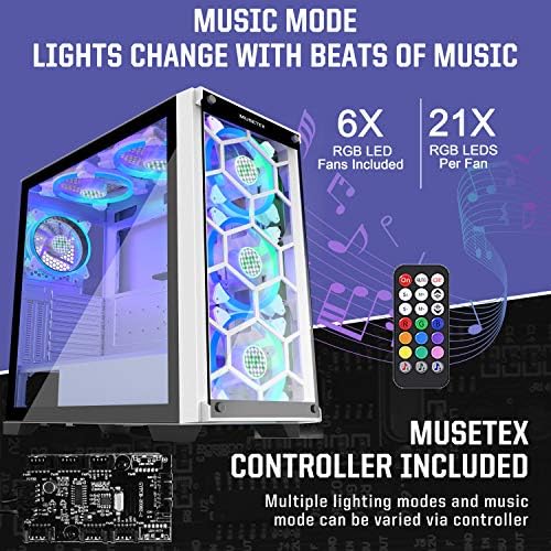 MUSETEX 5×140mm & 1×120mm ARGB Fans Voice Remote Control Mid-Tower Case with 2 PCS x USB 3.0 Ports Tempered Glass Panels PC Gaming Case Honeycomb Airflow Computer Chassis(MU3-MS6W-14) 2 MUSETEX 5×140mm & 1×120mm ARGB Fans Voice Remote Control Mid-Tower Case with 2 PCS x USB 3.0 Ports Tempered Glass Panels PC Gaming Case Honeycomb Airflow Computer Chassis(MU3-MS6W-14)