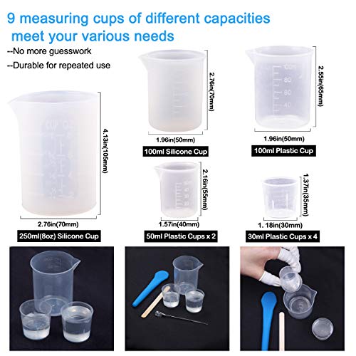 Moi Doi 45PCS Resin Mixing Cups Tools Kit, Graduated Plastic Silicone Measuring Cups, with Pipettes Mixing Stir Sticks Finger Cots Tweezer Silicone Mat for DIY Resin Casting Painting Jewelry Making