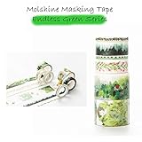 Molshine Set of 6 Decorative Japanese Washi Masking Adhesive Tape -Endless Green Series - Collection, (2 rolls 30mm X 5m , 2 rolls 15mmX7m , 2 rolls 5mmX7m) for DIY (CL016EG)
