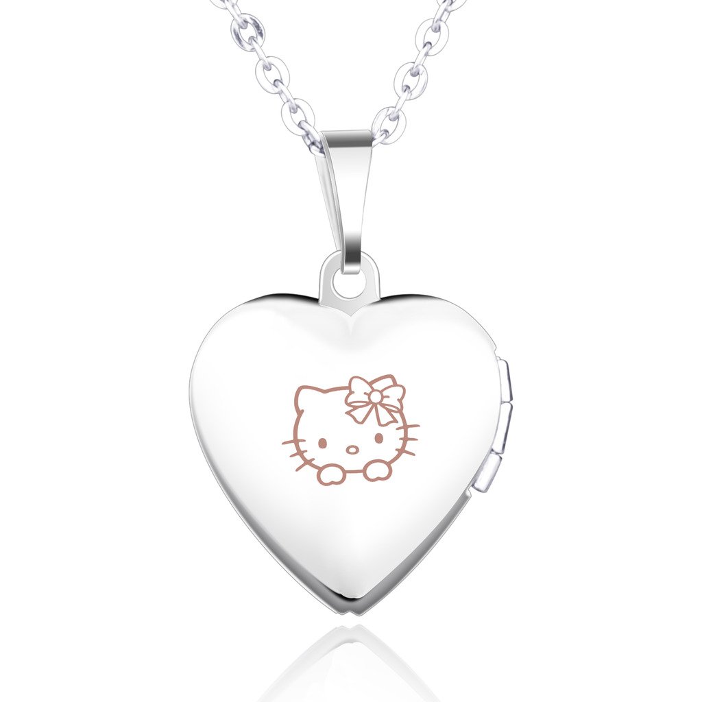 Infinite U Engraving Cute Kitty Blue Stainless Steel Open Heart Photo Locket Women Pendant Necklace for Birthday Gift (Enable to Engrave Your Own Words)
