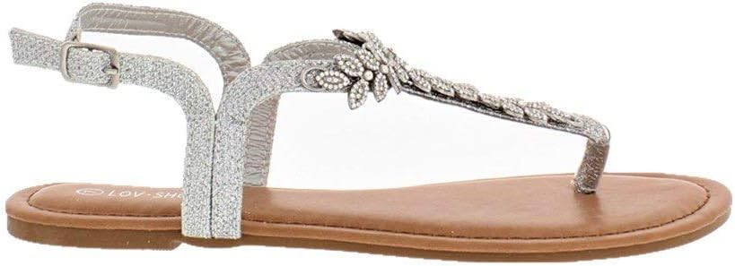 Women's T-Strap Gem Stone Leaf Accent Thong Sandal with Adjustable Buckle