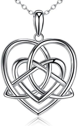 S925 Sterling Silver Good Luck Irish Celtic Knot Triangle Vintage Love Heart Pendant Necklace,18 inches