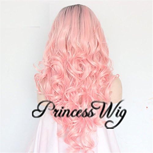 Princesswig Sweet Baby Long Pastel Wavy Pink Synthetic Lace Front Wig Pretty Gilrs Cosplay Ombre Dark Roots Natural Looking Straight Fiber Hair Wig Lolita Style Heat Resistant 22 Inch