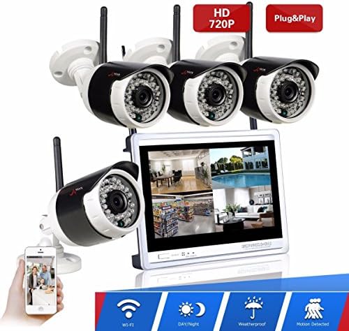 Security Camera System Wireless, ARSECUT 4CH HD Video Surveillance System 12 Inch Monitor NVR with 4x 1.0MP Wireless IP Network Camera Outdoor Indoor Easy Remote View, Plug and Play, No Hard Drive