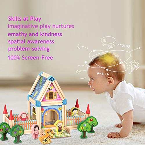 Wondertoys 128 Pieces Wooden Dollhouse Accessories with 2 People DIY Architecture Model Set Pretend Play Educational Toys for 3 Years Old Boys and Girls - Thumbnail 3
