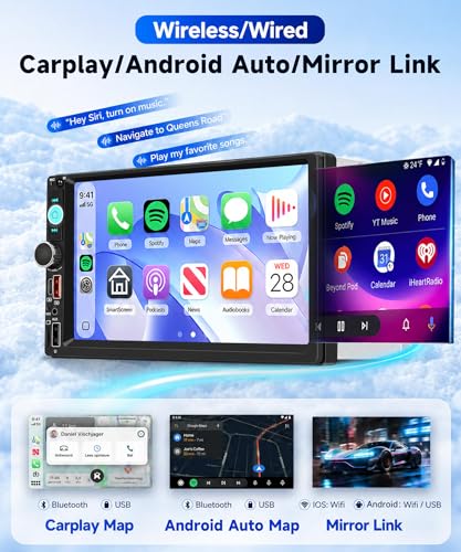 Hodozzy DAB+ 2 din Carplay Wireless Android Auto Car Radio with 7 Inch Screen, Bluetooth Touch Screen Car Radio with Video Output/FM/USB/AUX/TF+Backup Camera