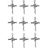 Uniquer 100Pcs Retro Cross Flower Rose Charms Bulk Ancient Silver Cross Pendants 0.6x1inch Alloy Dangle Charms Decorations for DIY Jewelry Making Bracelets Keychain Necklace Craft