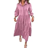 chouyatou Women's Loose Fit Puff Sleeve Maxi Tiered Babydoll Dress V-Neck Cotton Long Button Down Dress