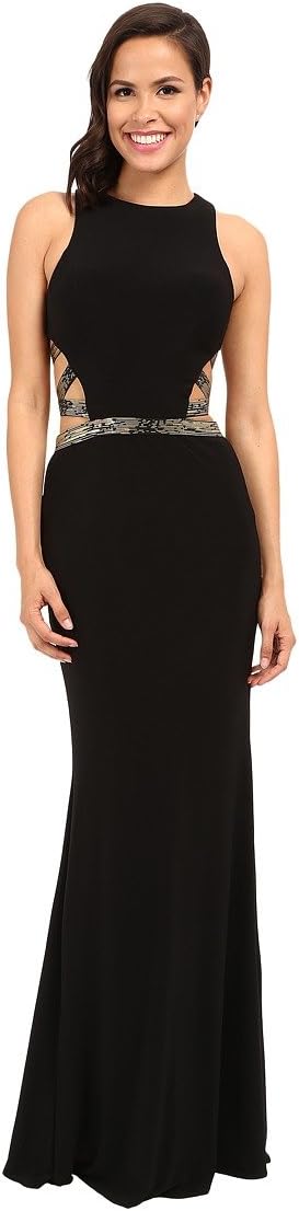 Faviana Women's Jersey Scoop Neck Gown with Elastic Bands and Cut Outs 7734 Black/Gold Dress 0