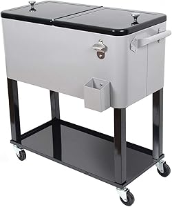 UPHA 80 Quart Rolling Outdoor Patio Cooler Cart on Wheels, Portable Drink Beverage Bar for Patio Pool Party, Ice Chest with Shelf and Bottle Opener, Silvery