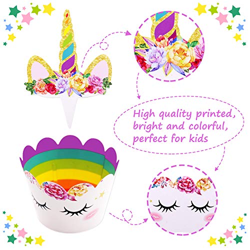 24 Pack Unicorn Cupcake Toppers and Wrappers Birthday Cake Decorations +2 Unicorn Masks for Unicorn Themed Party Baby Shower Supplies
