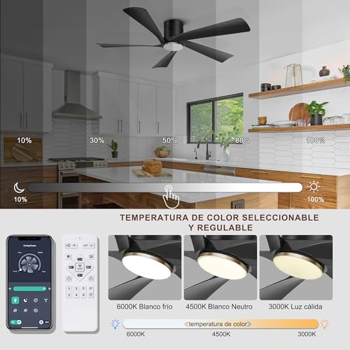 Ohniyou Ventilador de Techo de 52" con Luces LED, Mando a Distancia y Control APP, Ventiladores de Techo de Exterior de Montaje Empotrado, Luz Regulable, Motor DC Silencioso, Reversible, Negro