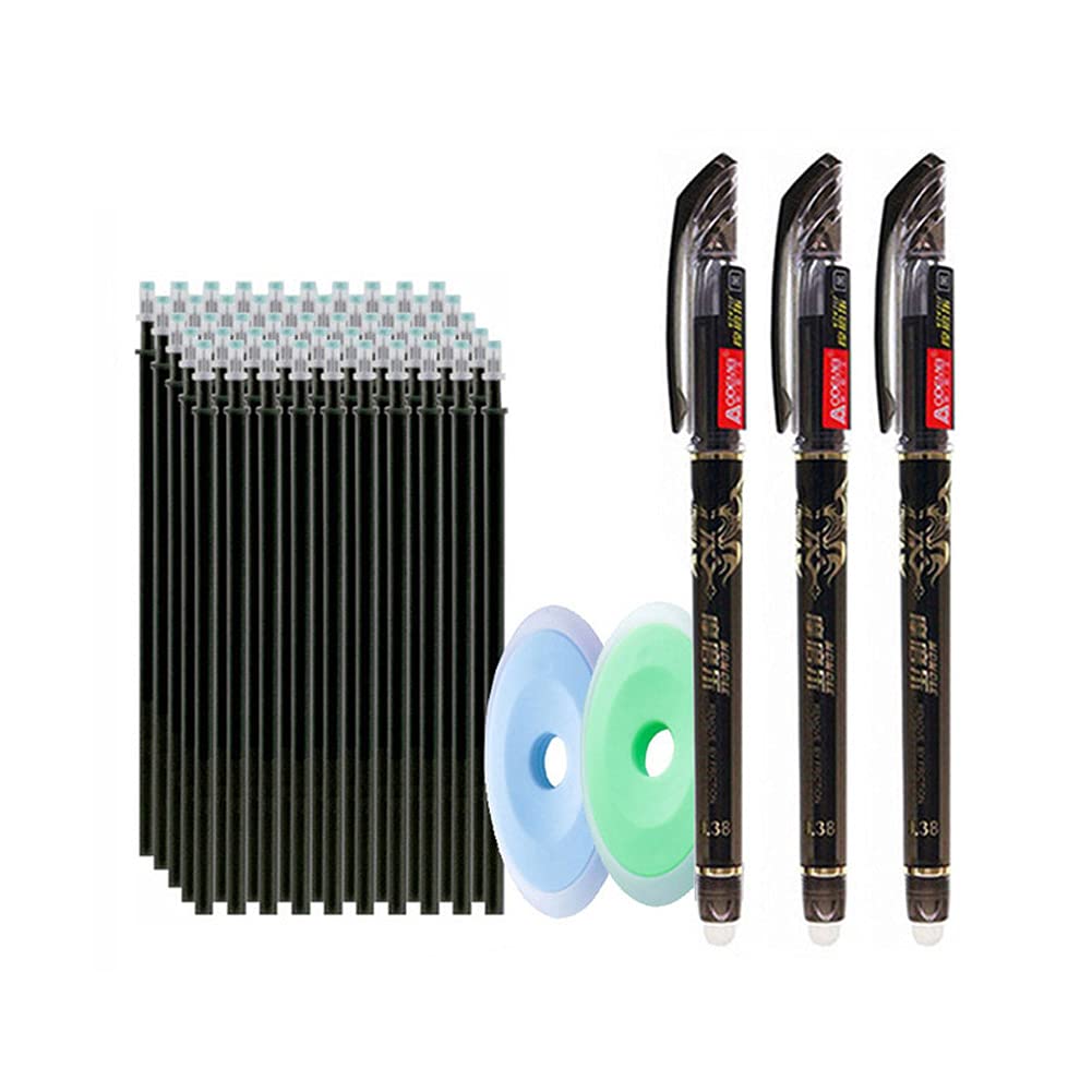 55PCS Kids Studends Erasable Pen Refill Sets Blue Black Gel Rollerball Ink Friction Pens Study Supply (Black)
