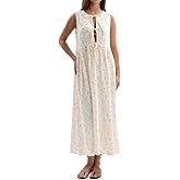 Amazhiyu Womens Cotton Gauze Floral Tie Front Crew Neck Sleeveless Maxi Dress