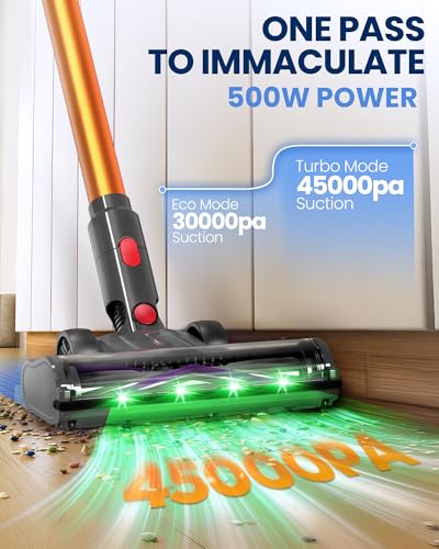 Zynet Cordless Vacuum Cleaner, 500W/45KPA/40Mins Lightweight Stick Vacuum for Home, LED Display and Green Headlights, 6-Stages Filtration, Self-Standing Vacuum for Hard Floor, Carpet