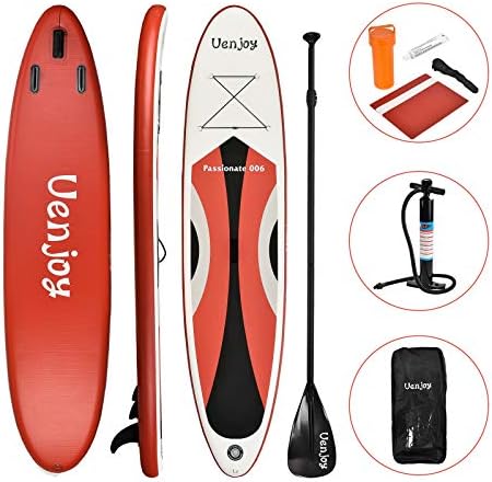 Uenjoy 10ft/3m Inflatable Stand Up Paddle Board (4in/10cm Thick) Non-Slip Deck Adjustable Paddle Backpack,Pump, Repairing kit, Red