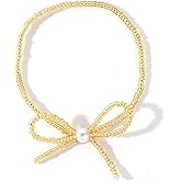 Bohxantium Gold Bow Beaded Bracelet for Women Handmade Boho 14K Gold Plated Beads Ball Charm Bracelet Stack Stretch Adjustable Stackable Dainty Fashion Bowknot Jewelry Beach Cute Prom Vacation Gift
