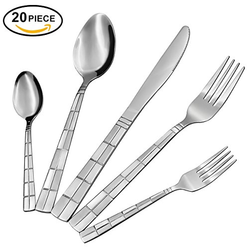 Hippih Flatware Food Grade Stainless Steel 4 Set (20 Piece) Anti-Scald Metal Cutlery Set and Dinner Tableware Sliverware each set include 2 x Forks, 2 x Spoons, 1 x Knife