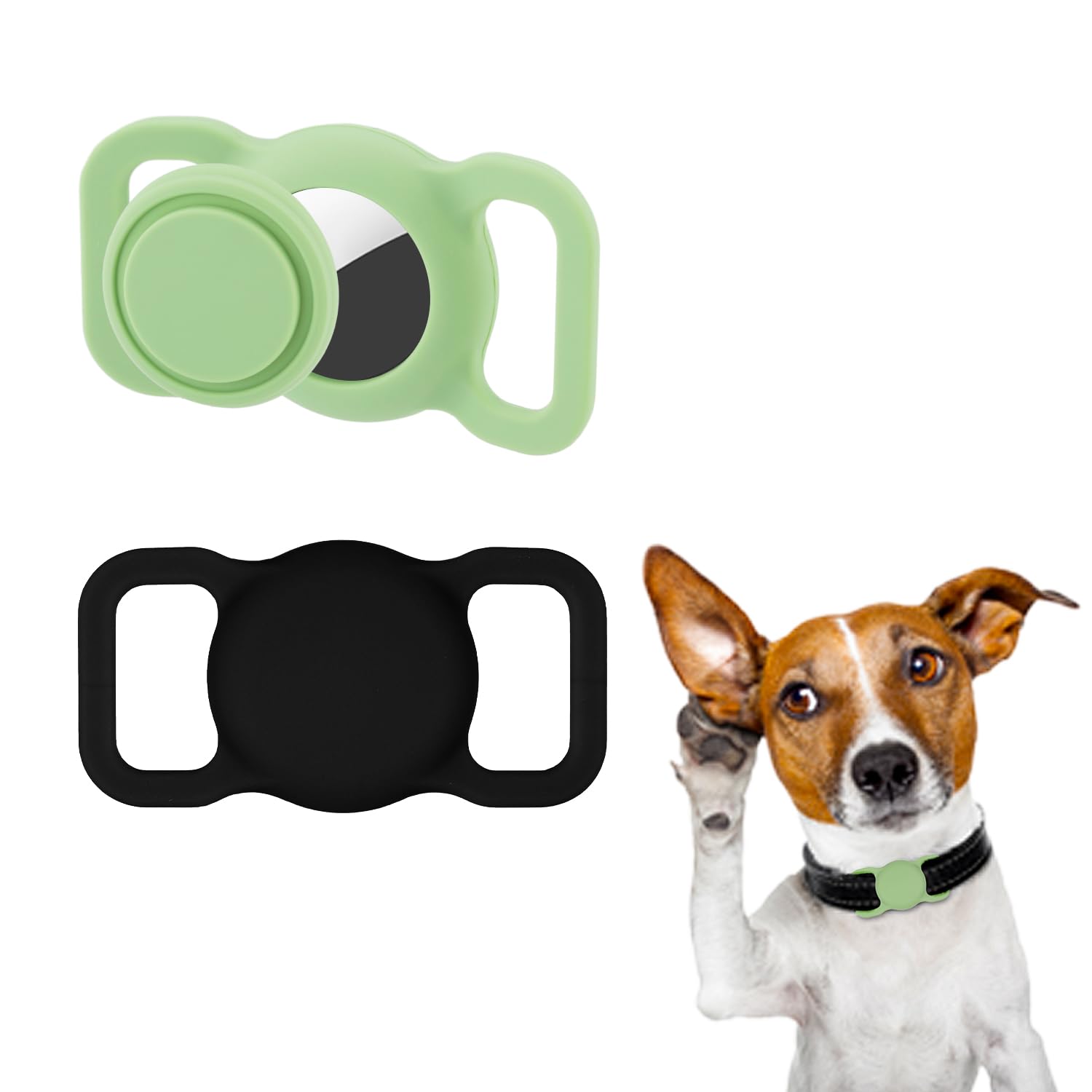 2pcs Airtag Dog Collar Holders, Silicone Waterproof Anti-Lost Protective Airtag Case Cover for Pets Dog Cats Compatible with Apple AirTag GPS Tracker (Black&Green)