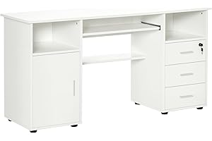 HOMCOM 57" Computer Desk with Drawers, Home Office Desk with Keyboard Tray, Open Shelves and Lockable Drawer, Writing Worksta