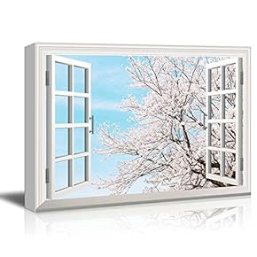 Canvas Print Wall Art - Window Frame Style Wall Art - Cherry Blossom in Clear Sunny Sky in Spring | Giclee Print Gallery Wrap Modern Home Decor. Stretched & Ready to Hang - 24" x 36"