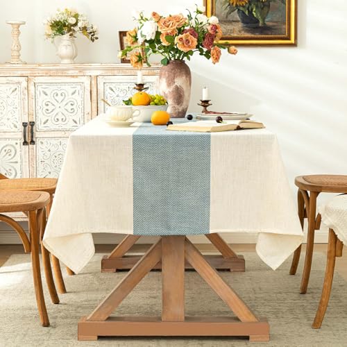 SIELUNO Rectangle Tablecloth Cotton Linen Waterproof Table Cloth Rustic Farmhouse Table Cover for Holiday Parties Christmas Kitchen Dining Decoration-Beige and Blue -54"x86" at Amazon