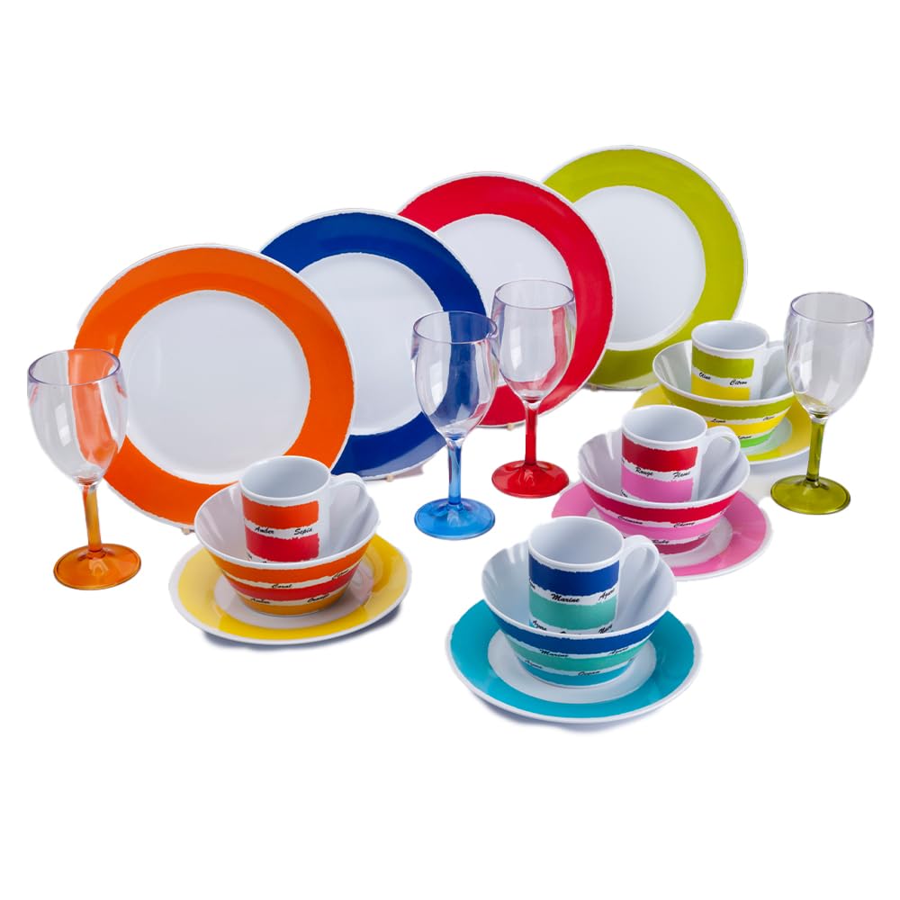 FLAMEFIELD Colours 16-Piece Melamine Set - Vibrant Multicolored Dinnerware, Durable Plates, Perfect for Colorful Picnics & Parties, Brighten Every Meal with Splendor