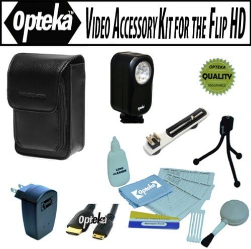 Opteka Professional Video Accessory kit for the Flip Ultra U1120, UltraHD U260, U2120, U32120, MinoHD F460, M2120, M3160, M31120, SlideHD S1240 includes Opteka VL-20 Ultra Bright LED Video light, Flash bracket, Vanguard logos 6B Leather case, Mini-HDMI cable, USB AC Charger and more