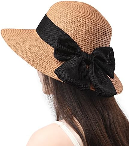 Jogoo Women Sun Beach Hats,Wide Brim Straw Hat,Unique Windproof Strap Design,Fashionable Big Bowknot,UPF 50+.
