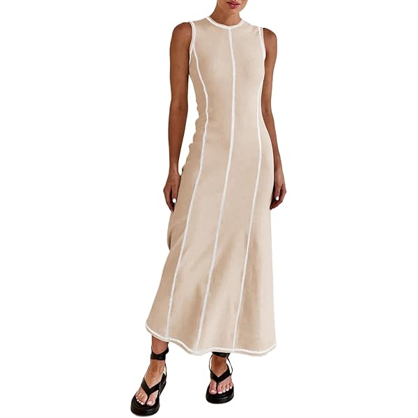 Women's Drop Waist Maxi Dress Knit Sleeveless Maxi Tank Dress Crewneck T  Shirt Long Dress Striped Contrast Waist Dress  (Apricot,Small,US,Alpha,Small,Regular,Regular) at Amazon Women's Clothing  store
