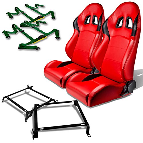 Honda Civic/Acura Integra DB DC Pair of PVC Faux Leather Racing Seats (Red)+Seat Bracket+4-Point Green Belt