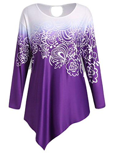 Summer Women Ombre High Low Hem Floral Printing Plus Size T Shirt Top Purple 4XL