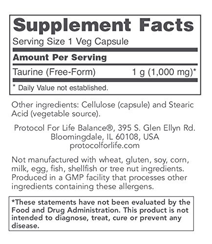 Protocol For Life Balance - Taurine 1,000 mg - Supports Nervous System and Healthy Visual Function - 100 Veg Capsules