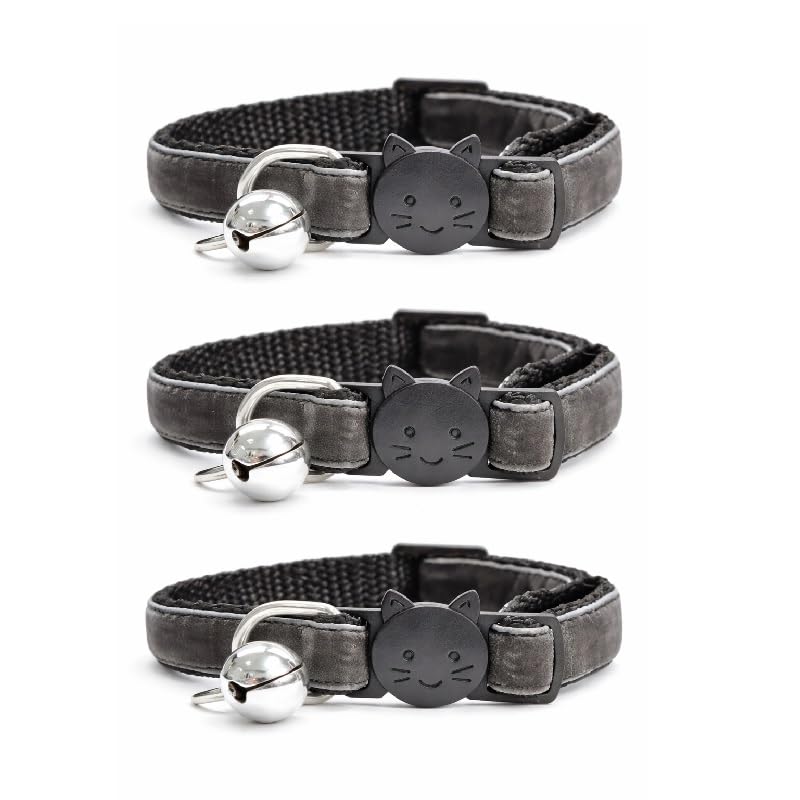 Velvet Cat Collars with Bell. Safe Breakaway Quick Release Buckle. Available in Cat & Kitten Size (Pack of 3) (Cat Collar (20cm - 30cm), Dark Grey Velvet (Pack of 3))