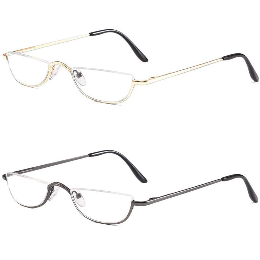 KoKoBin 2 Pack Half Frame Reading Glasses Spring Hinges for Men Women Slim Half Moon Lens Readers Metal Semi Rimless Eyewear +1.0