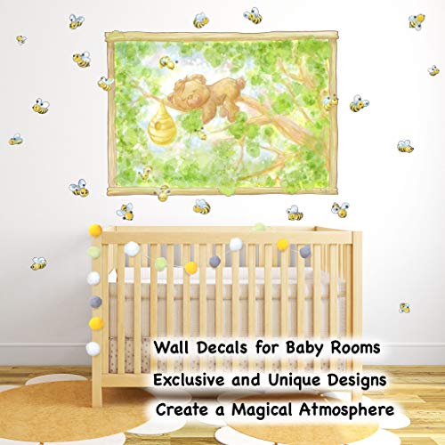 Woodland Animals Large Wall Decals for Baby Room. Little Baby Bear on a Tree with Bumble Bees Wall Art for Woodland Nursery Decor. Peel and Stick Forest Animals Murals for Woodland Theme Baby Shower.