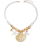 Seashell Necklace for Women, Gold Starfish Pendant with Natural Shell Beads and Pearls, Boho Beach Jewelry, Adjustable Summer Coastal Vacation Gift