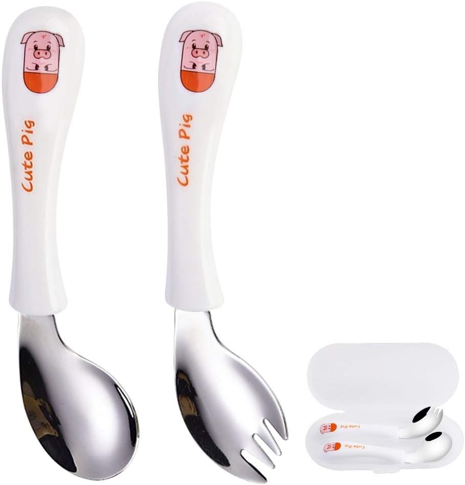 Kinder Besteck Set, HICOO Baby Löffel Gabel Baby Geschirrset Gebogener Griff Training Löffel Gabeln für Baby Kinder