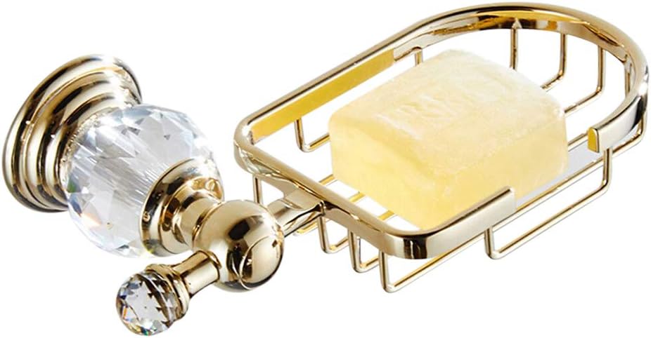 BigBig Home European Style Soap Basket Wall Mounted, Zinc Alloy Base with Crystal Decoration Soap Dish Holder for Shower Room Polished Gold Finished Storage Shelf