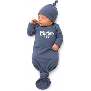 Hickory Hollow Designs Personalized Newborn Knotted Gown with Hat or Bow, Custom Name Baby Outfit, Soft Bamboo, 0 to 3 Months