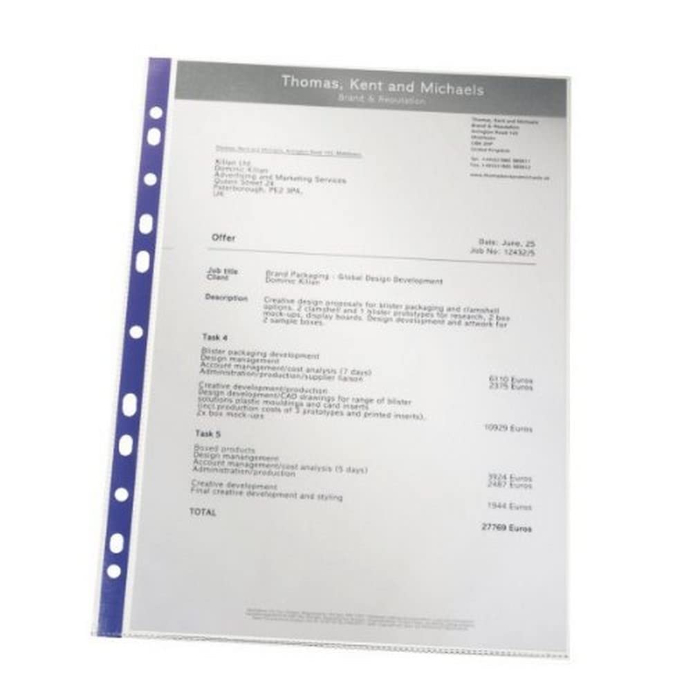 Leitz Quality Punched Pocket with Purple Strip, Pack of 25, Holds up to 20 A4 sheets, Transparent, 75 Micron PP Material, 47185
