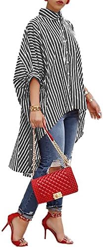 Senggeruida Women Striped Print Batwing Sleeve Dip Hem Loose Blouse