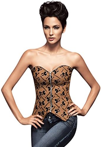Sibeawen Women's Sexy Denim Mickey Mouse Print Bottom with Swallowtail Shape Zipper Front Lace-up Back Overbust Corset Khaki Small