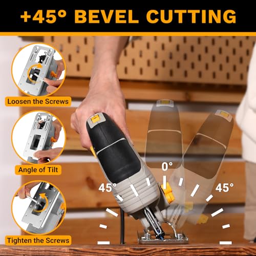 Electric Jigsaw: DEKOPRO 550W Wood Saw with 6 Variable Speeds from 800 to 3000 Cuts per Minute with LED Light, ±45° Inclined Cutting and 8 Blades for Wood, Metal and Plastic