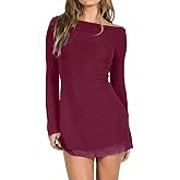 GCZREN Women Sexy Boat Neck Backless Mesh Mini Dress Solid Slim Fit Bell Long Sleeve Self Tie Back Sheer Short Dresses